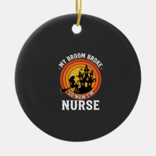 Funny Halloween Nurse Witch Broom Costume Graphic Ceramic Ornament