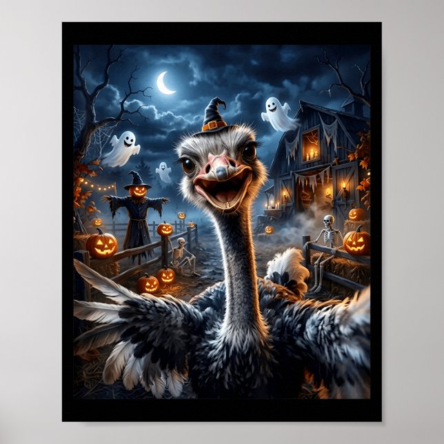 Funny halloween ostrich witch pumpkin spooky ghost poster (Front)