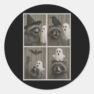 Funny Halloween Party Racoon Photo Cabin Design  Classic Round Sticker