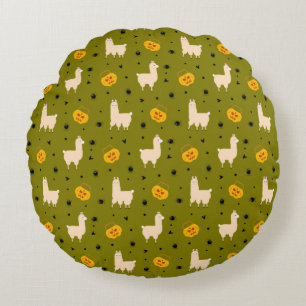 Funny Halloween Pattern Scary Pumpkin Llama Animal Round Cushion