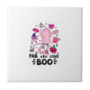 Funny Halloween Pink Cat Ghost Juggling Octopus Fa Ceramic Tile