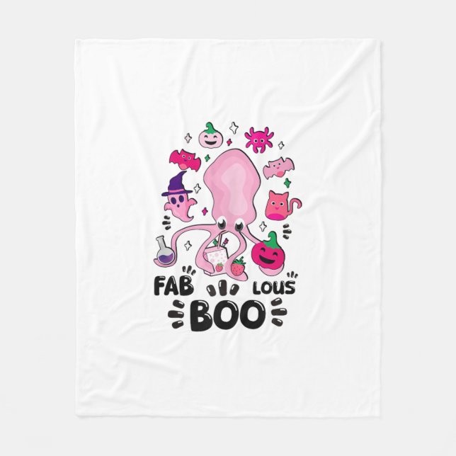 Funny Halloween Pink Cat Ghost Juggling Octopus Fa Fleece Blanket (Front)