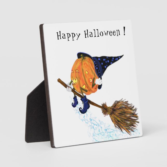 Funny Halloween Plaque with Witch Pumpkin Flying (Front)