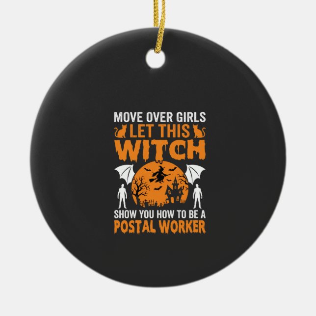 Funny Halloween Postal Worker Witch Cat Graphic Ceramic Ornament (Front)