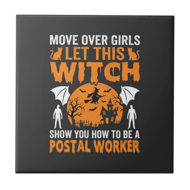 Funny Halloween Postal Worker Witch Cat Graphic Ceramic Tile (Front)