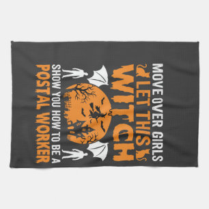 Funny Halloween Postal Worker Witch Cat Graphic Tea Towel