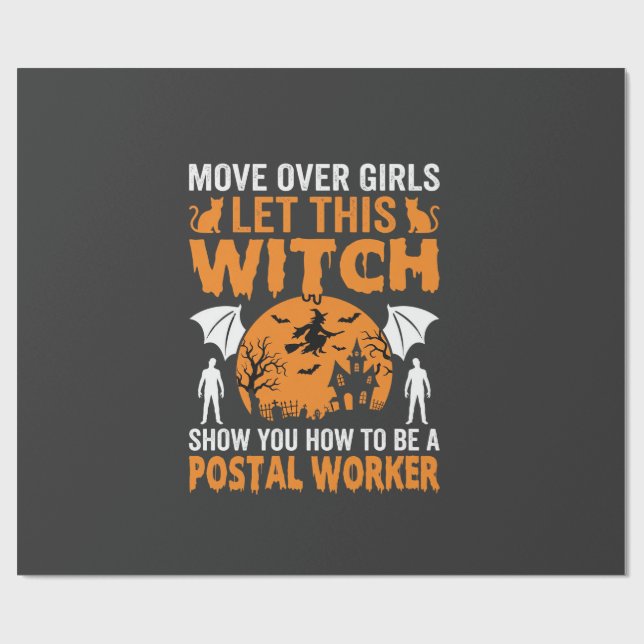 Funny Halloween Postal Worker Witch Cat Graphic Wrapping Paper (Flat)