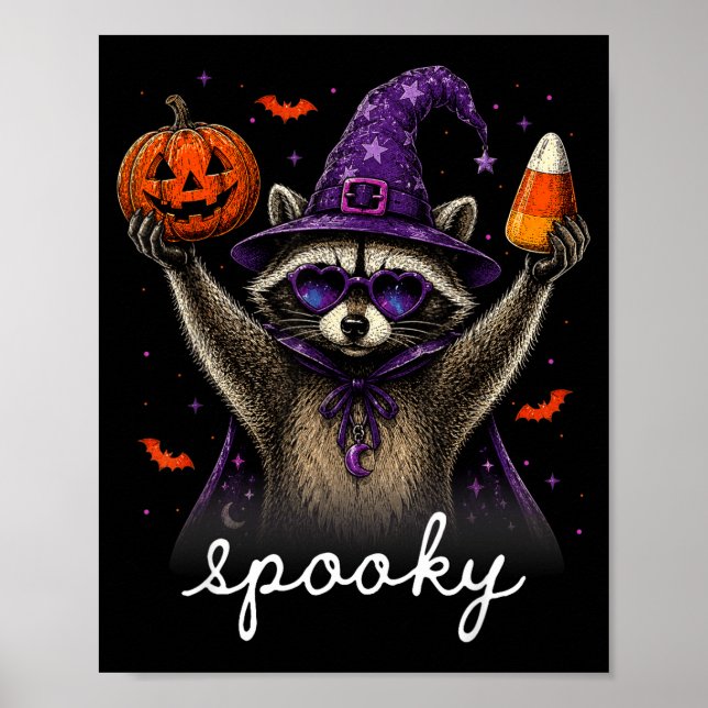 Funny halloween racoon witch hat fall pumpkin poster (Front)