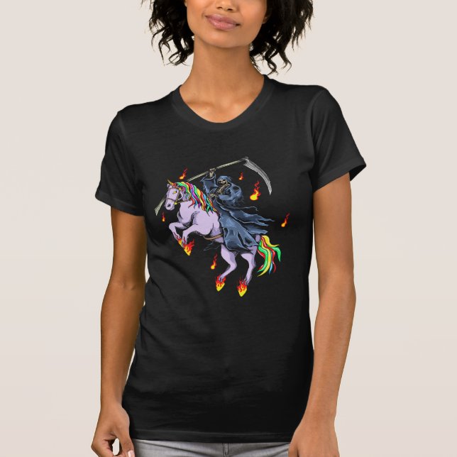 Funny Halloween Reaper rides Unicorn T-Shirt (Front)