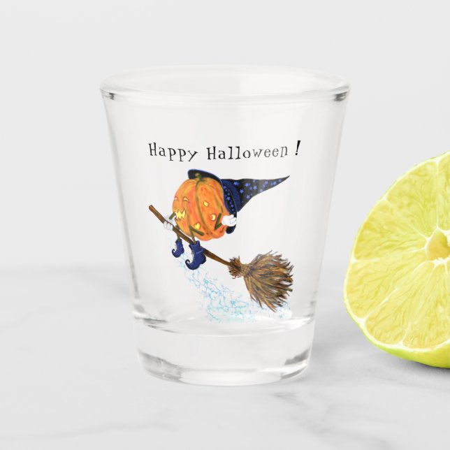 Funny Halloween Shot Glass Witch Pumpkin Flying (Front)