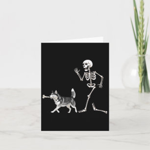 Funny Halloween Siberian Husky And Skeleton Card