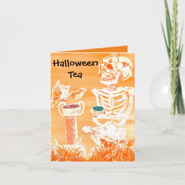 Funny Halloween Skeleton-Bat Tea Time Folded Card (Front)