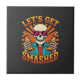 Funny Halloween Skeleton Beer Smashed Design_1 Ceramic Tile
