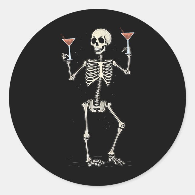 Funny Halloween Skeleton Drinking Manhattan Tail  Classic Round Sticker (Front)