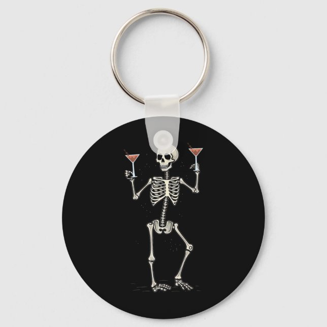 Funny Halloween Skeleton Drinking Manhattan Tail  Key Ring (Front)