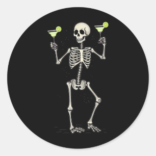 Funny Halloween Skeleton Drinking Margarita Tail Classic Round Sticker