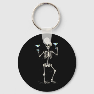 Funny Halloween Skeleton Drinking Martini Tail Key Ring