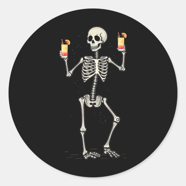 Funny Halloween Skeleton Drinking Tequila Sunrise  Classic Round Sticker (Front)