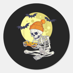 Funny Halloween Skeleton Gamer Video Games Boys Classic Round Sticker