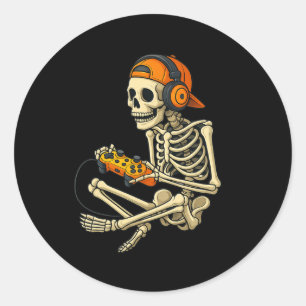 Funny Halloween Skeleton Gamer Video Gaming Boys M Classic Round Sticker