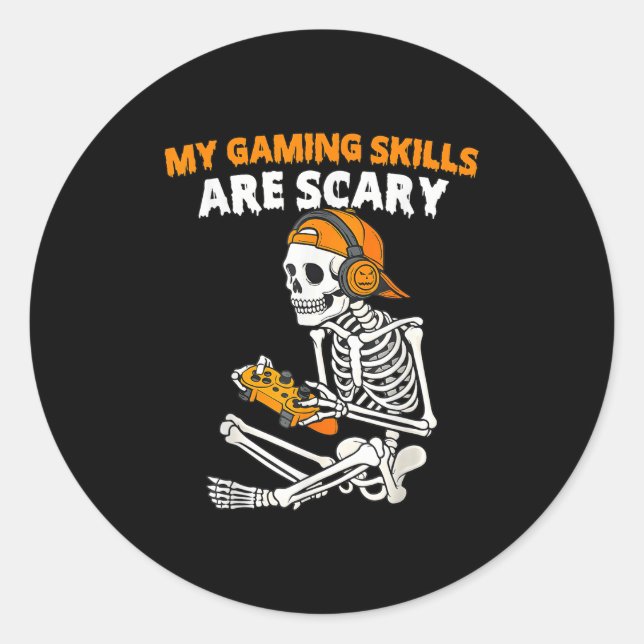 Funny Halloween Skeleton Gamer Video Gaming Skills Classic Round Sticker (Front)