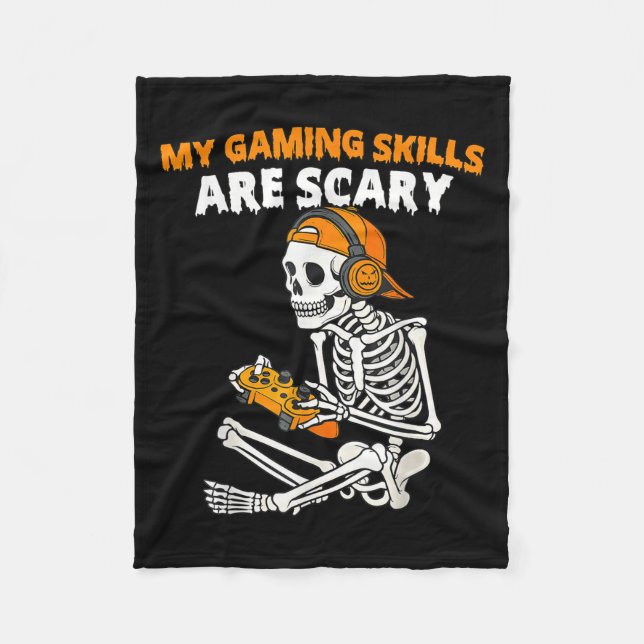Funny Halloween Skeleton Gamer Video Gaming Skills Fleece Blanket (Front)