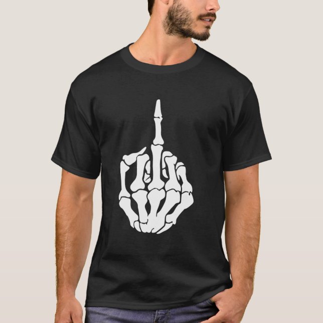 Funny Halloween Skeleton Middle Finger T-Shirt (Front)