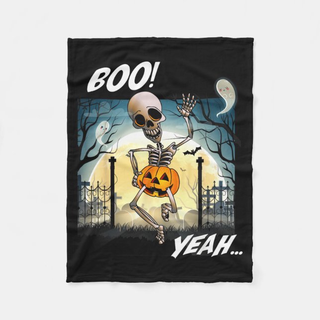 Funny halloween skeleton pumpkin boo yeah ghost fleece blanket (Front)