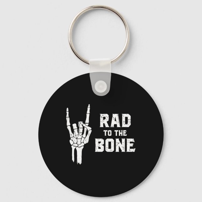 Funny Halloween Skeleton Rock Hand Rad To The Bone Key Ring (Front)