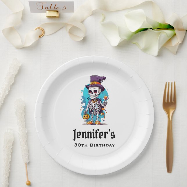 Funny Halloween Skeleton wearing Top Hat Birthday Paper Plate (Wedding)