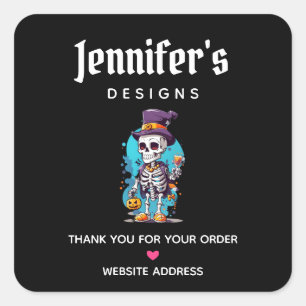 Funny Halloween Skeleton wearing Top Hat Business Square Sticker