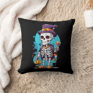 Funny Halloween Skeleton wearing Top Hat Cushion
