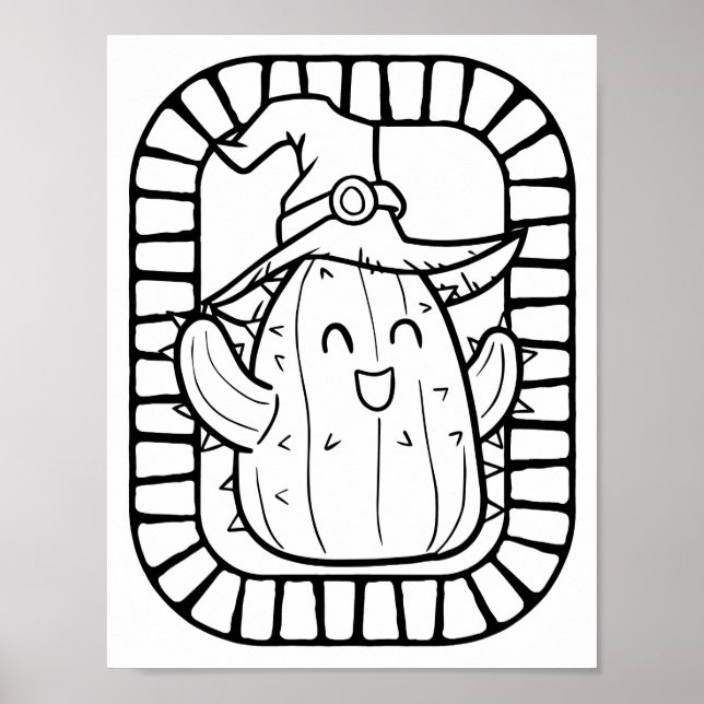 Funny Halloween Smiling Cactus Colouring Page Poster (Front)