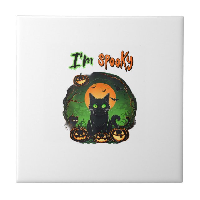 Funny Halloween Spooky Black Cat Pumpkin Bat Starr Ceramic Tile (Front)