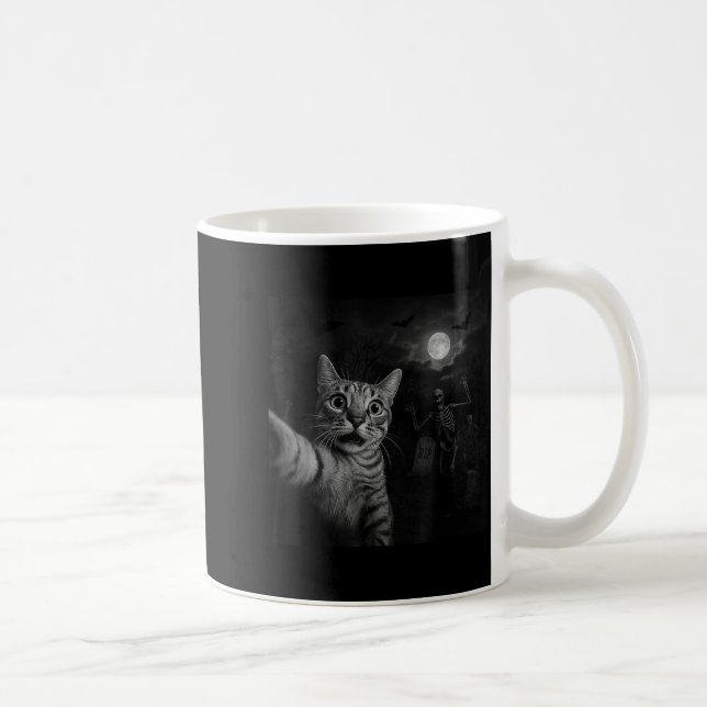 Funny Halloween Surprised Ed Cat Selfie Soky Skele Coffee Mug (Right)