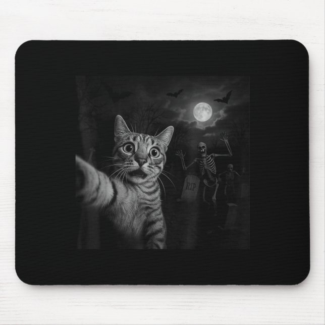 Funny Halloween Surprised Ed Cat Selfie Soky Skele Mouse Pad (Front)