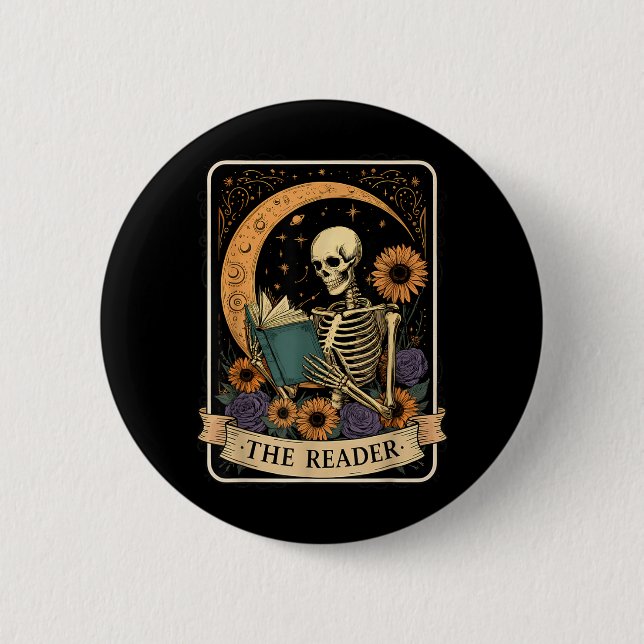 Funny Halloween Tarot Card The Reader Skeleton 6 Cm Round Badge (Front)