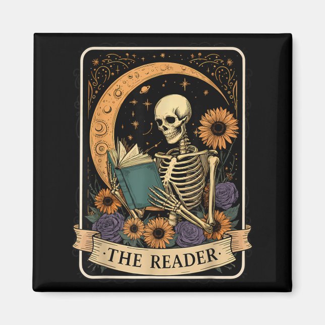 Funny Halloween Tarot Card The Reader Skeleton Magnet (Front)