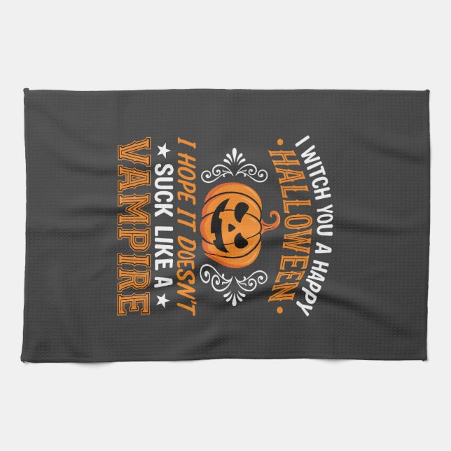 Funny Halloween Vampire Pumpkin Tea Towel (Horizontal)