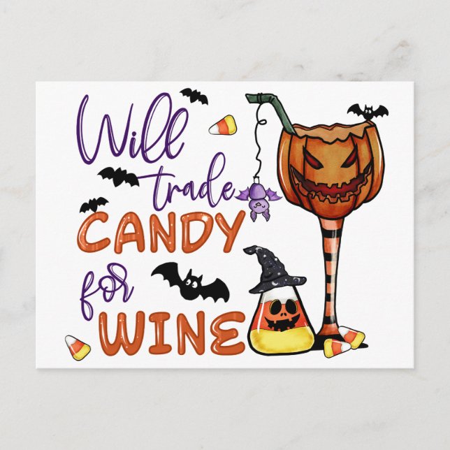 Funny Halloween, Will Trade Candy for Wine, Drink Postcard (Front)