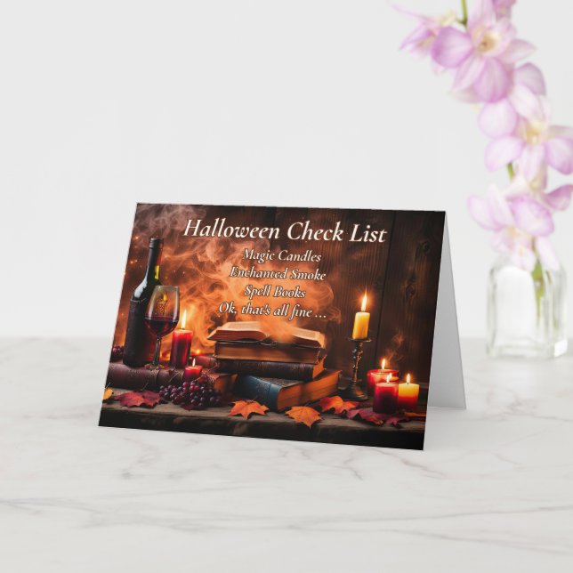 Funny Halloween Wine Checklist with Candles Card (Orchid)