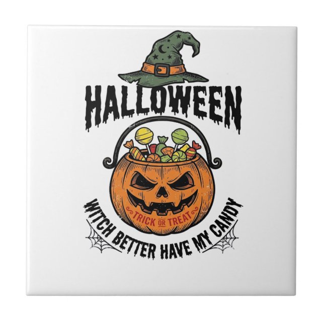 Funny Halloween Witch Candy Pumpkin Shirt Design_1 Ceramic Tile (Front)