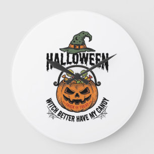 Funny Halloween Witch Candy Pumpkin Shirt Design_1 Large Clock