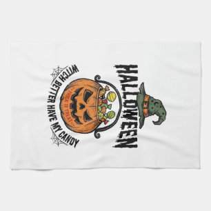 Funny Halloween Witch Candy Pumpkin Shirt Design_1 Tea Towel