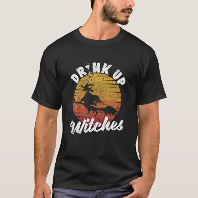 Funny Halloween Witch Drinking Wine Drinker Drink T-Shirt (Front)