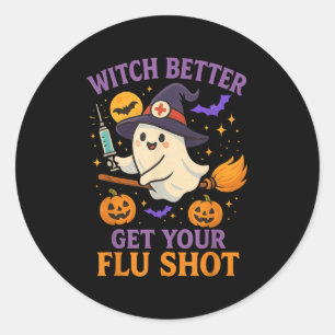 Funny Halloween Witch Ghost Flu Shot Nurse  Classic Round Sticker