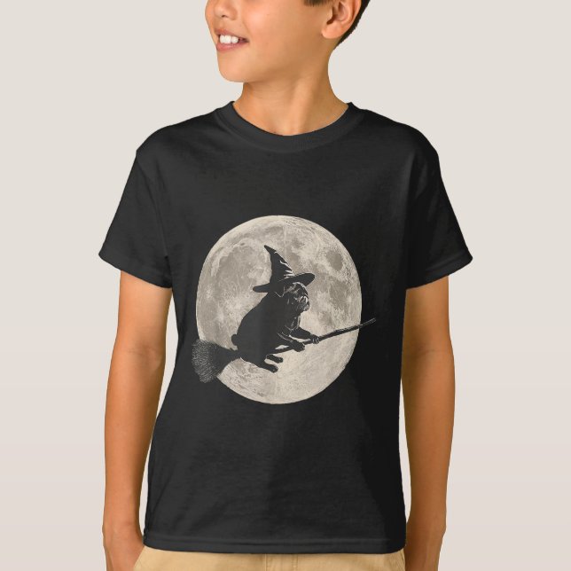Funny Halloween Witch Pug Moon Trick Or Treat Soky T-Shirt (Front)