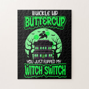 Funny Halloween Witch Switch Neon Green Jigsaw Puzzle