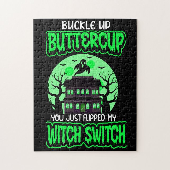 Funny Halloween Witch Switch Neon Green Jigsaw Puzzle (Vertical)