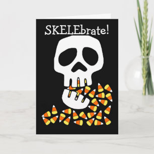 Funny Halloween with Skelebrate and Skull Eating Card